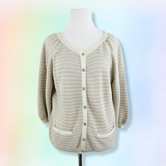 Guinevere Anthropologie Sweater S Cream Linear Gleam Linen Blend Cardigan - Picture 1 of 7